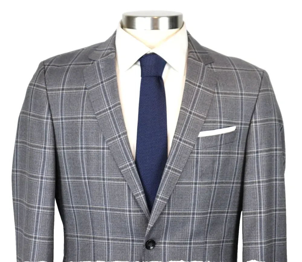 Hugo Boss Hutson Sport Coat 38 R Mens Slim Fit Grey Blue Plaid Tesse Wool Blazer